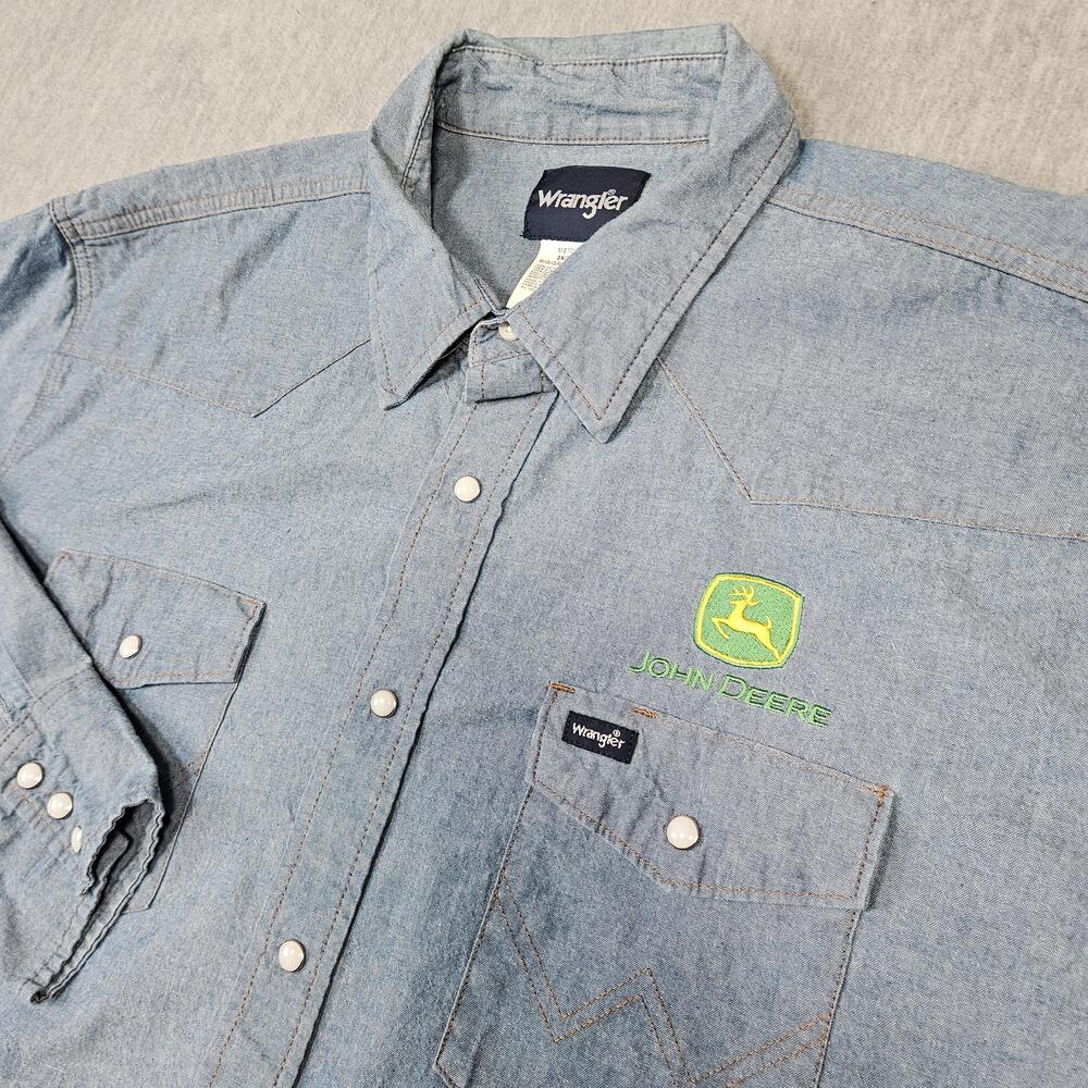 Wrangler Shirt Mens 3XB Blue Chambray John Deere Embroidered Pearl Snap